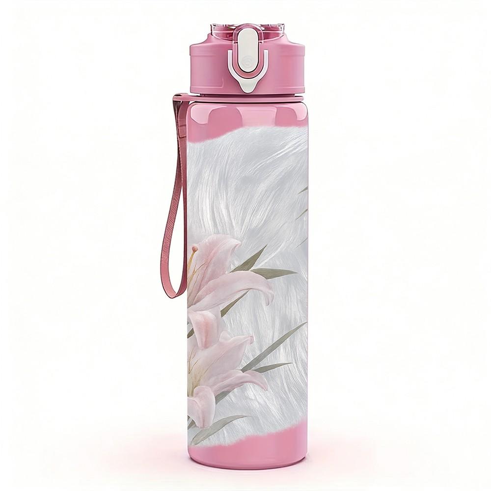 1PC Pale White Lily Flower Art Print 750ml Color Plastic Sports Water Bottle Leakproof Flip Straw Lid Suitable for Sports Office Home Use