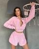 Women's Long Sleeve Zip Up Striped Cardigan Two Piece Outfit Slim Waist Shorts Set
