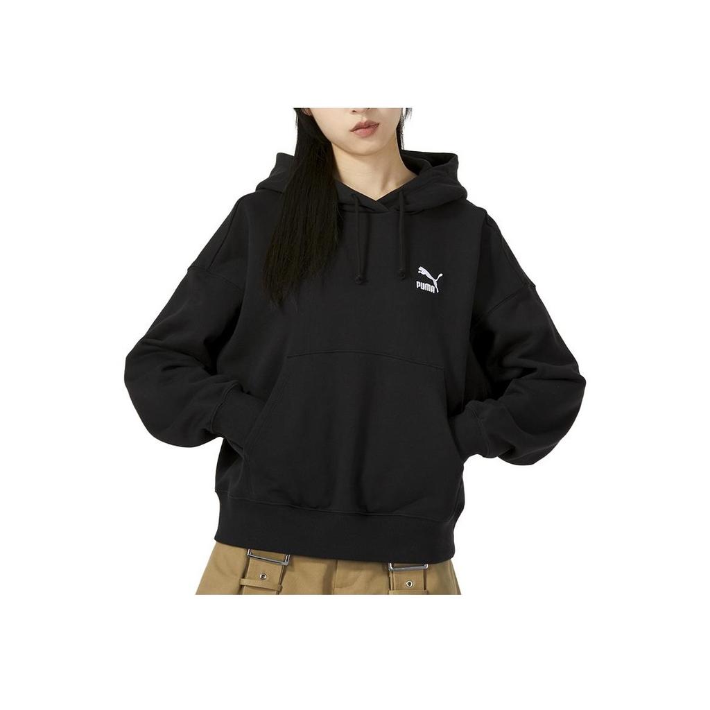 Puma Logo Embroidered Breathable Loose Hoodie Women Hoodies Black 624679-01