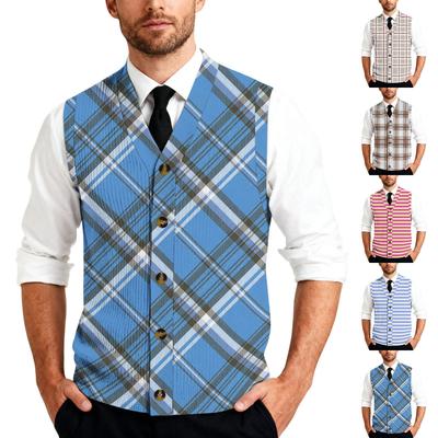 Men's Striped Plaid Print Tank Top Knitted Button,Down Shirt | Sleeveless Casual Button,Up Vest With Collar For Daily & Layering