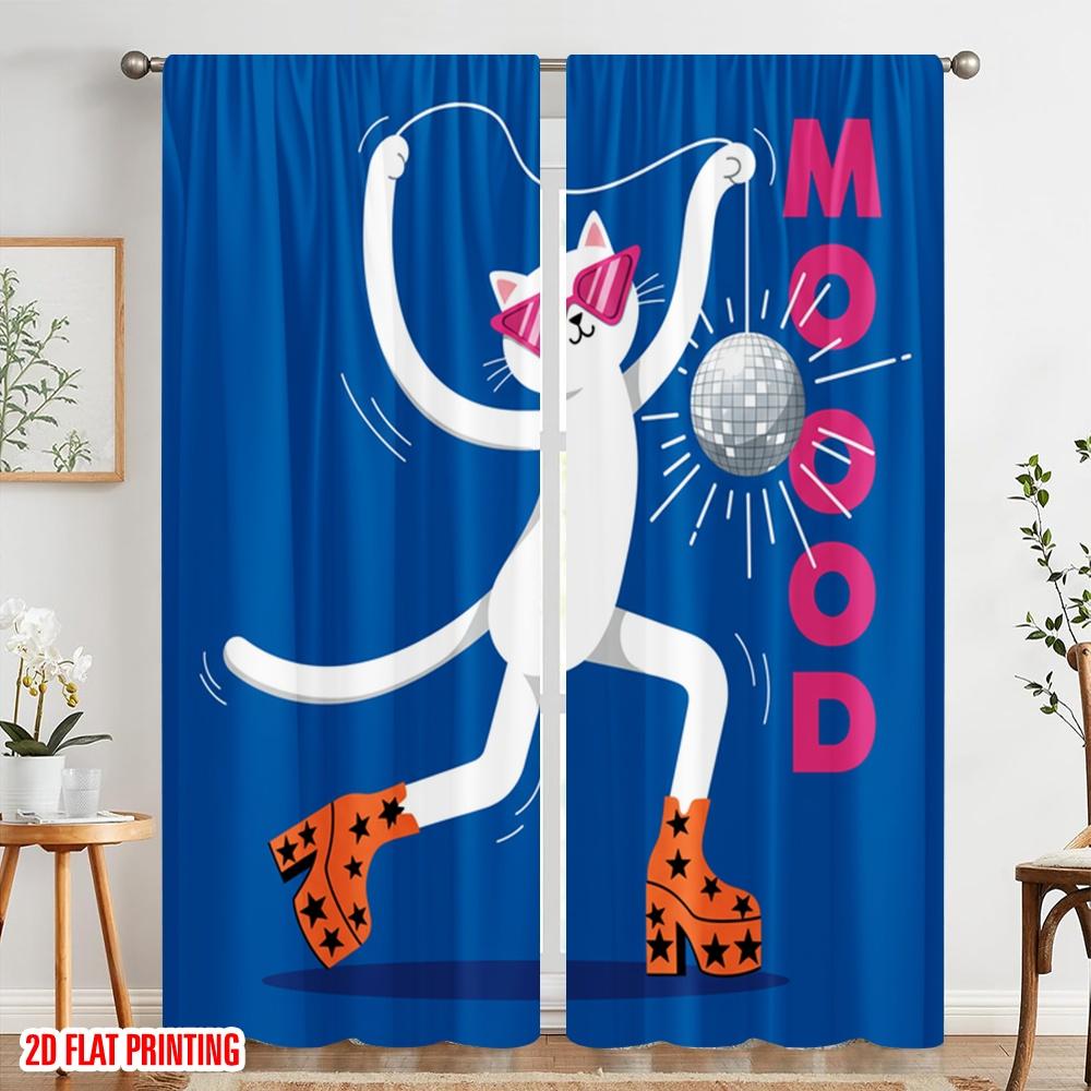 2pcs 2D Flat Printing Curtains Disco Cat Disco Ball Mood 100% Polyester Without Electricity Party Decorations Perfect for Indoor