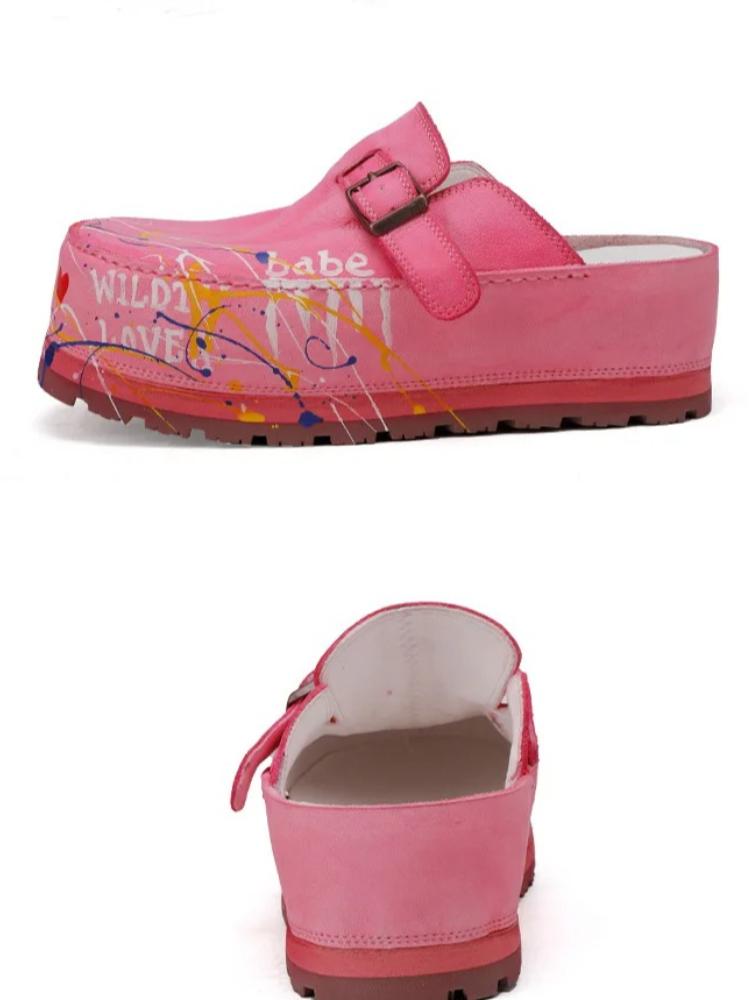 Johnature Hand Drawn Genuine Leather Thick Soled Shoes Fashion Round Toe Height Increasing Slippers