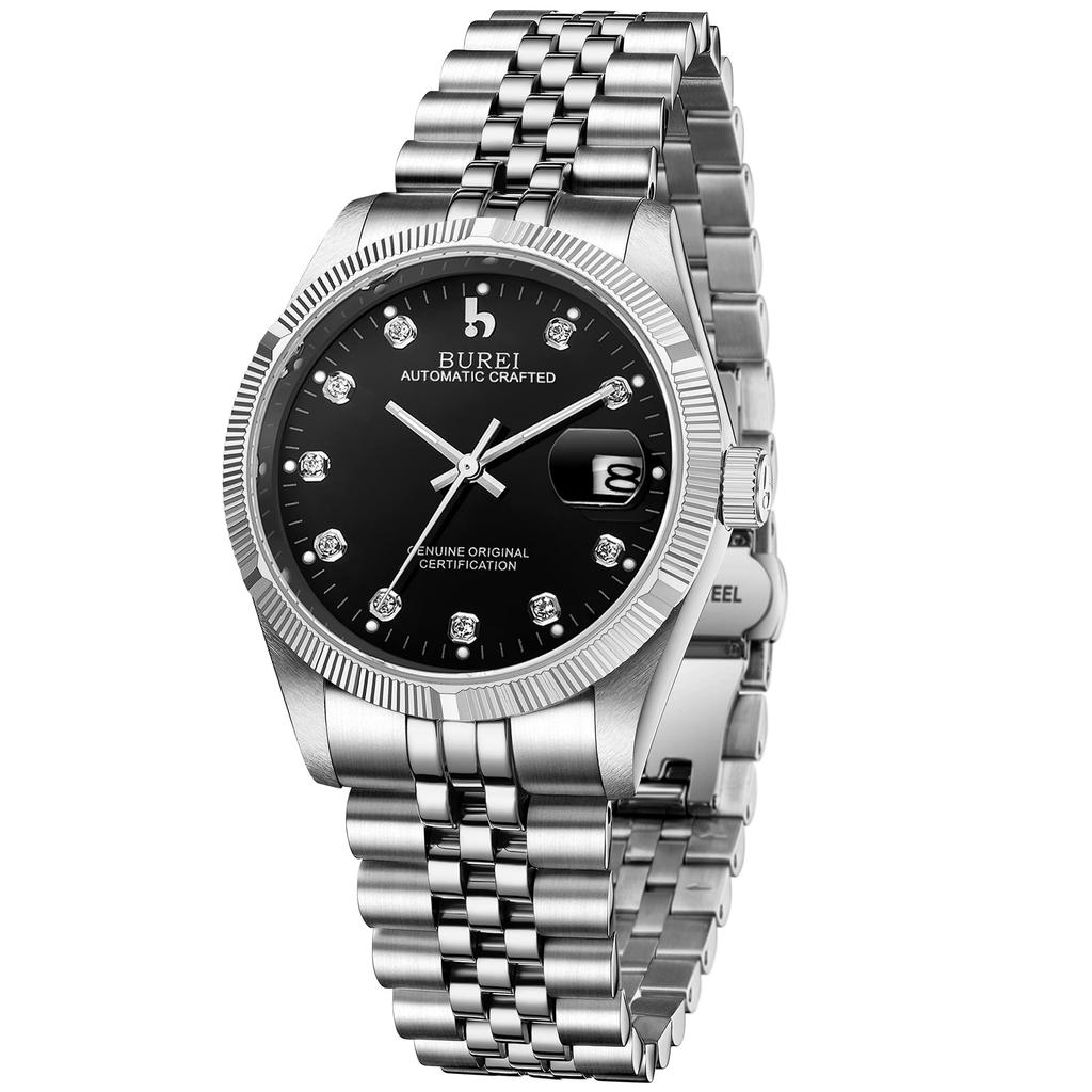 [BUREI] Men's Watch Fashion Simple Automatic Mechanical Waterproof Silver Black Watch Men's Birthday Gift