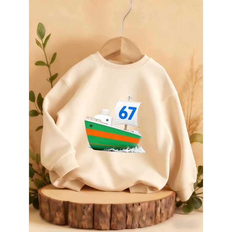 Kids Unisex Crewneck Sweatshirt, Cartoon Sail Boat With Blue 67 Number Print Long Sleeve Pullover, Sweatshirt for Boys Girls Over 4 Years Old