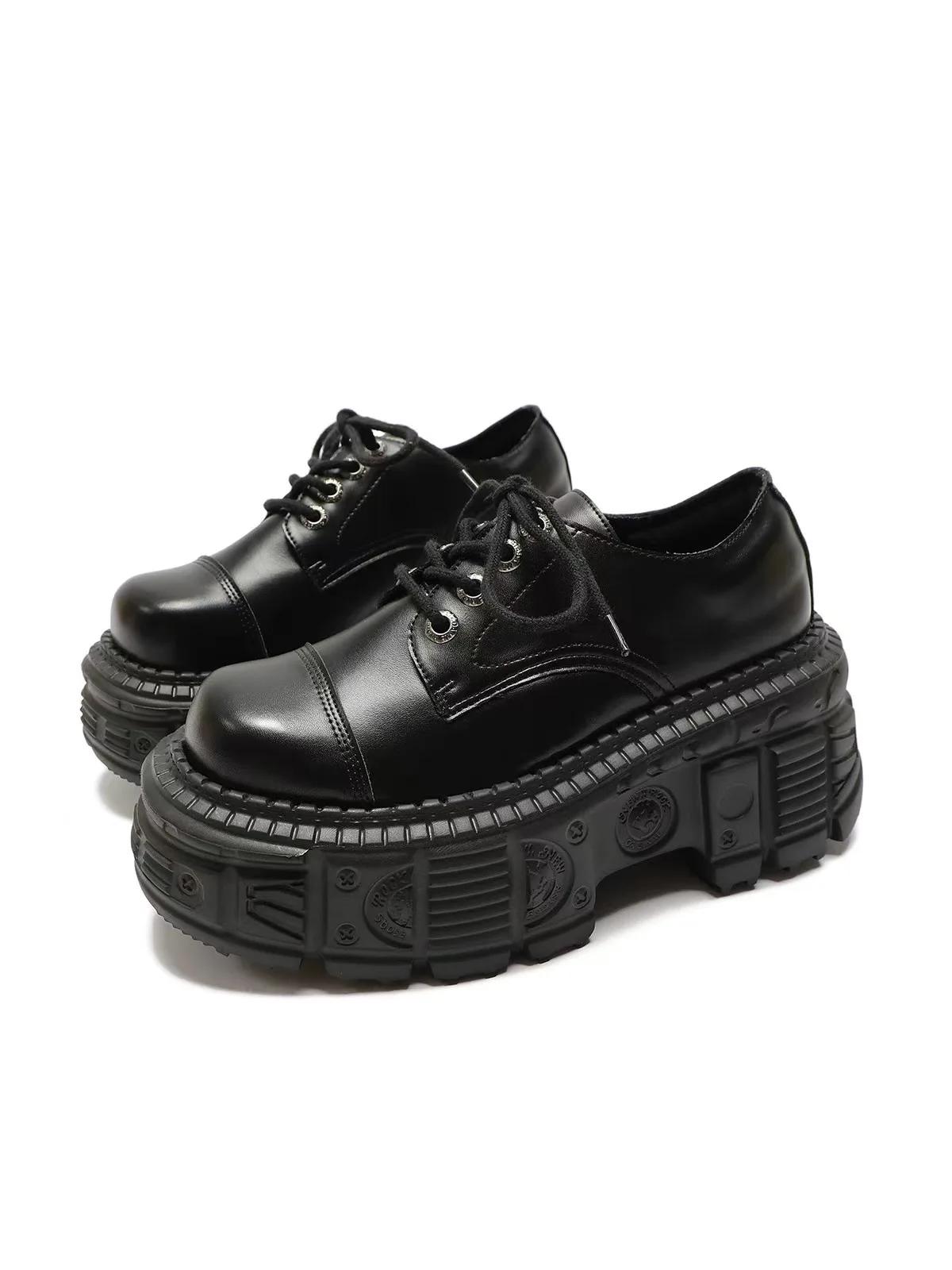 

Lace-up Muffin Leather Shoes For Women Solid Color Black Thick Bottom Round Toe Female Shoes Sewing Leisure Outdoor Ladies Shoes 40 чорний