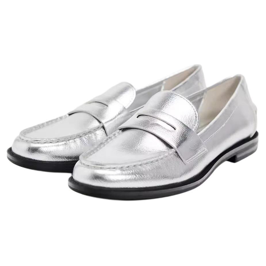 Zara Pu Slip-On Loafers Women Shoes Silver 12514310808
