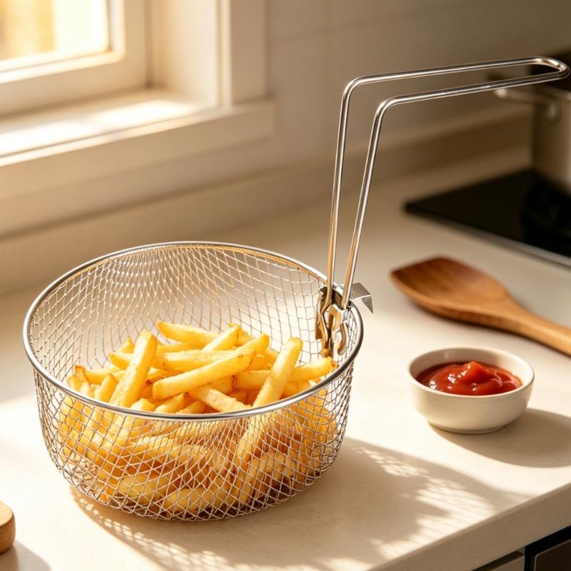2L 304 Stainless Steel Fry Basket Round Oil Strainer For Kitchen Use Frying And Draining Oil Quickly 17cm