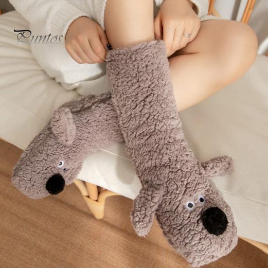 1 Pair Adult Winter Floor Socks Cartoon Dog Design Thickened Plush Double Warmth Anti-slip Long Socks Holiday Gift