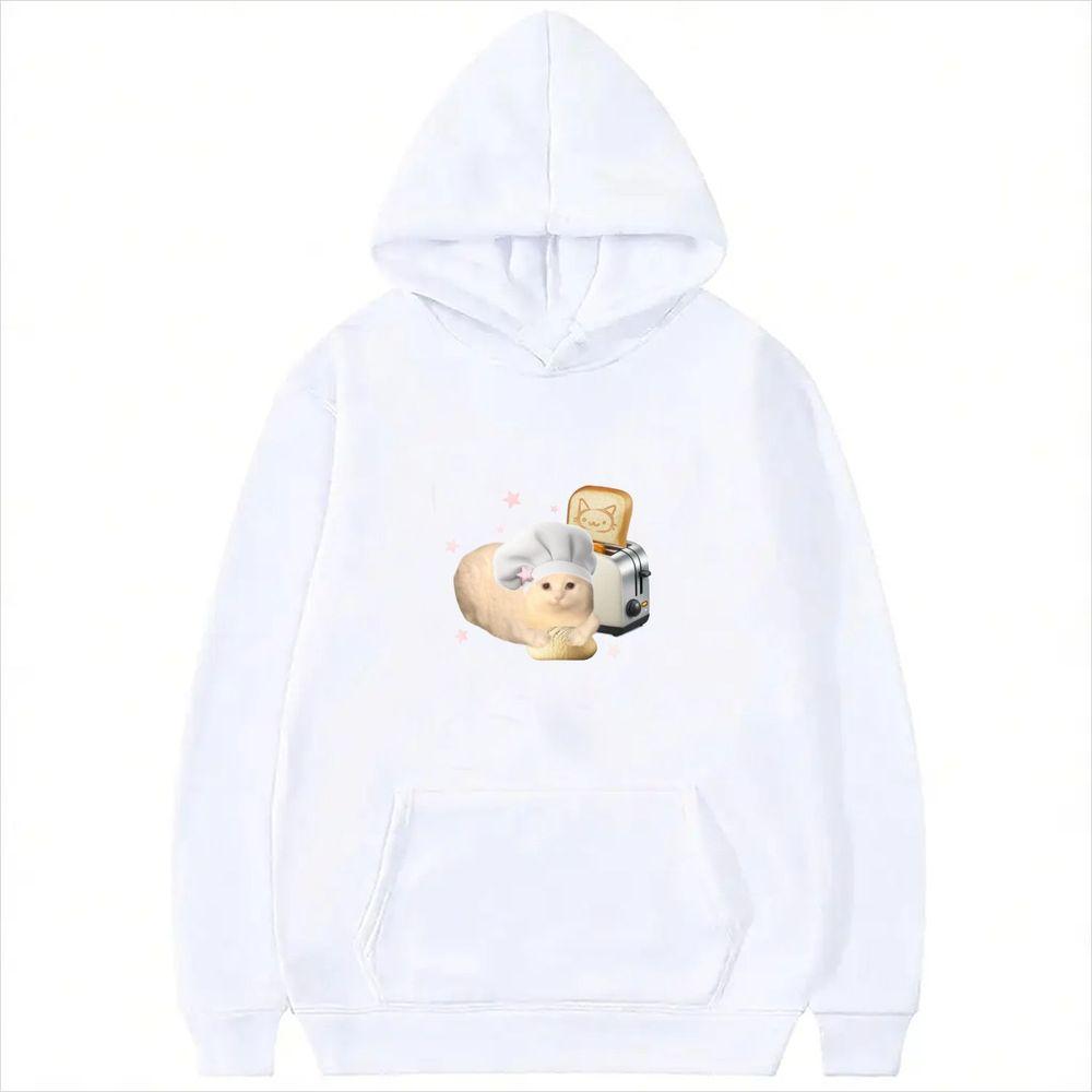 Cat Chef Toaster Print Hooded Sweatshirt Women Kawaii Graphic Long Sleeve Pullover Y2k Winter Casual Loose Cute Women Streetwear