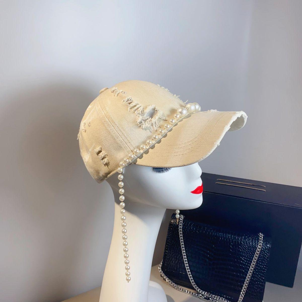 

Ins Chic Design Хлопковая потертая Fabridrill Жемчужная цепочка Элегантная роскошная женская бейсбольная кепка Женская кепка с козырьками для отдыха head size 57cm