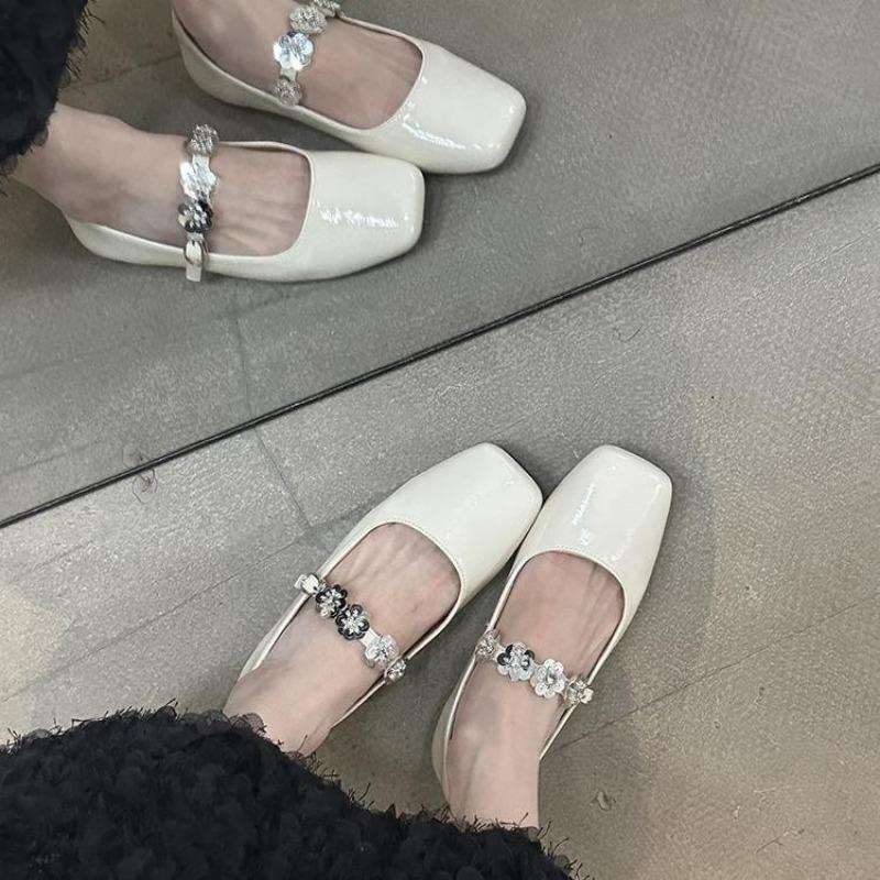 Niche square head sequined buckle Mary Jane shoes women's new silver with skirt flat shoes