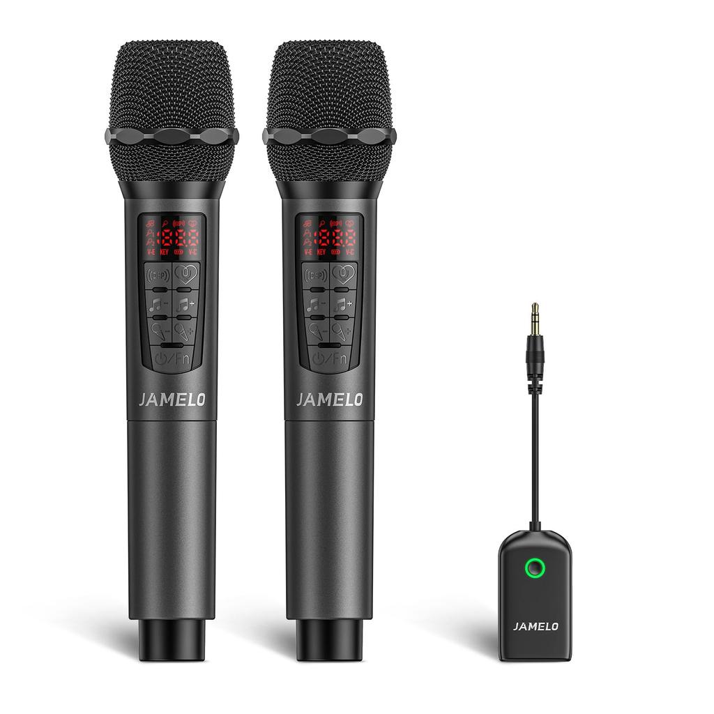 Bezdrátový mikrofon JAMELO, Dobíjecí dynamický mikrofon, 2,4 GHz, 6 režimů dozvuku, 3,5mm přijímač, Zvuk vysoké kvality, 18" výstup, pro zesilovače,