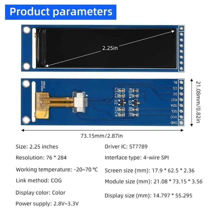 2.25inch High Brightness TFT LCD Display SPI Driven Color Screen 76x284 ST7789 LCD Display Module Full Viewing Angled