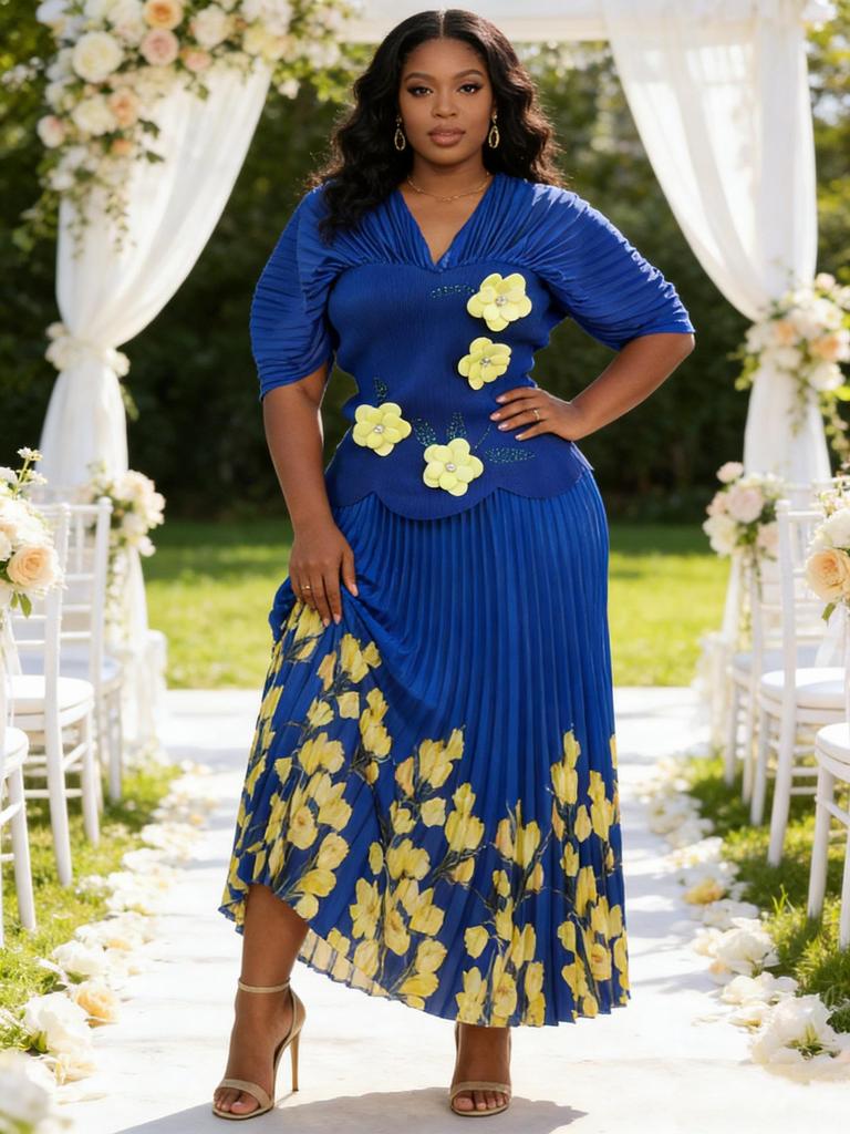 Miyake Pleats Elegant Plus Size Set with Bubble Sleeves and Rhinestone Floral Design