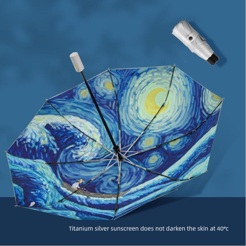 Van Gogh Starry Sky Titanium Silver Sunshade Umbrella, Dual-Purpose for Sun and Rain, Sun Protection, Uv Protection, Automatic High-Value Sun Umbrella