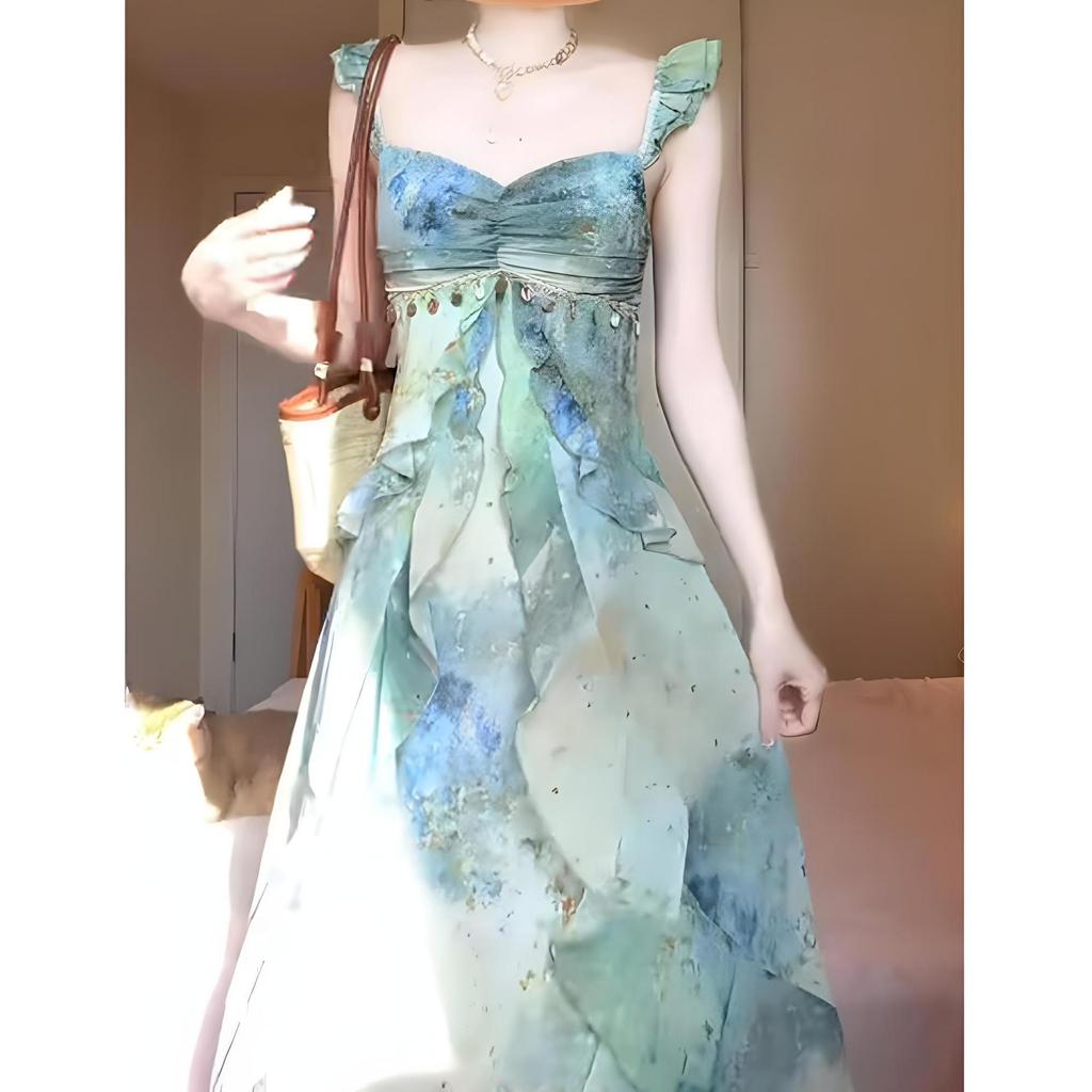 Sweet Vacation Lotus Leaf Edge Suspender Dress Women's Summer Temperament Yunnan Sanya Mori Green Super Fairy Dress