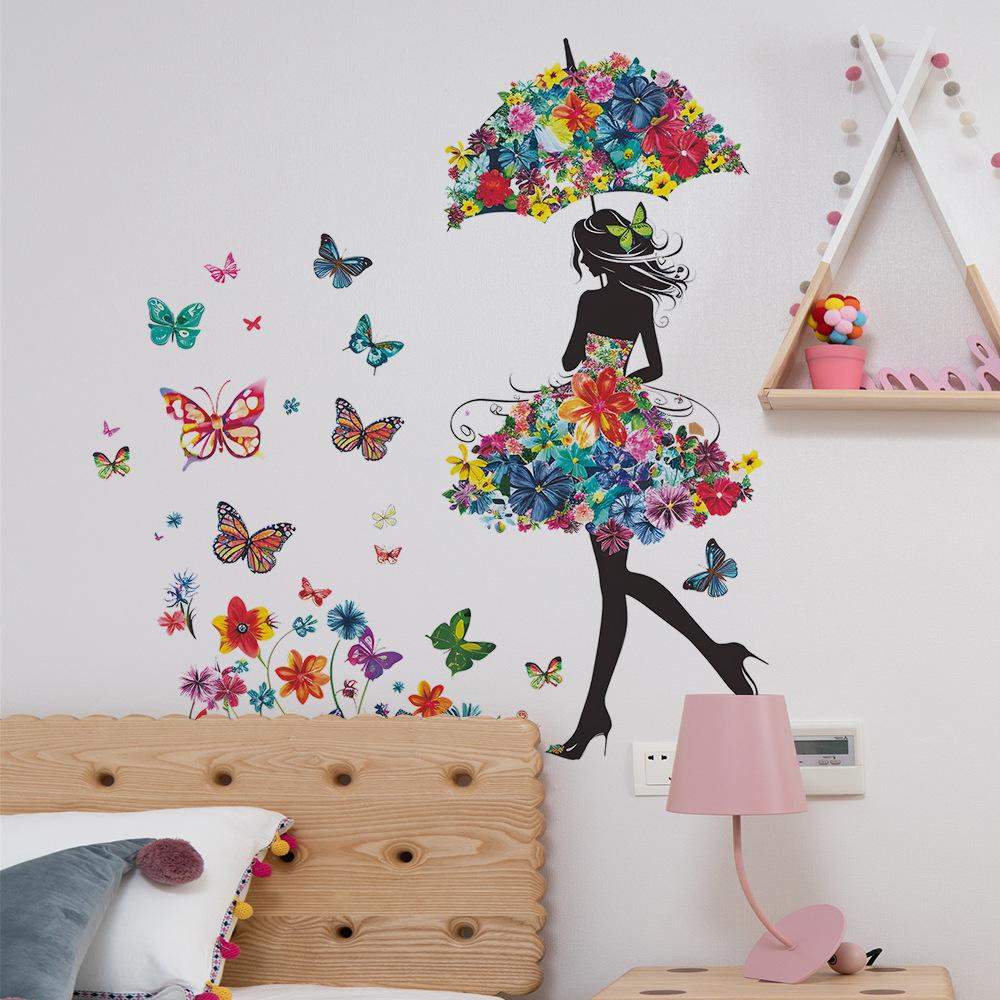 Butterfly Wall Stickers with Girl Silhouette Creative Home Decor for Bedroom Living Room Hallway Background Wall Art Decal