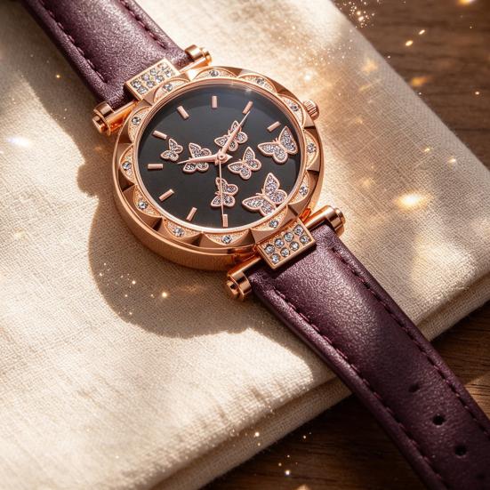 Ladies Butterfly Watch Artificial Leather Strap Quartz Watch Rhinestone Round Dial Fashionable Wristwatch for Women Party Office Date