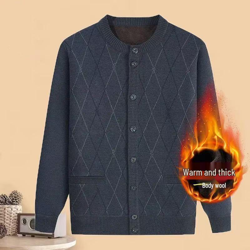 

Men s Autumn/Winter Plus Velvet Cardigan Sweater - Thick Knit for Elderly Dad or Grandpa 3XL (150-175 jin)