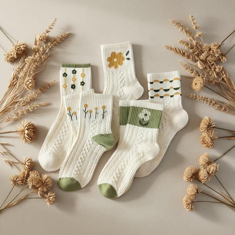 5 pairs of flower socks for women