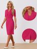 Allegra K Women's Fuchsia Sheath Midi Dress, V-Neck, Short Sleeves, Bodycon Style, for Work or Office Use, Size M