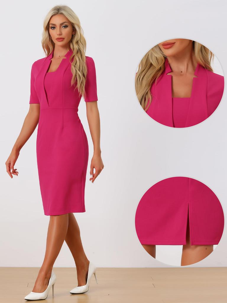 Allegra K Women's Fuchsia Sheath Midi Dress, V-Neck, Short Sleeves, Bodycon Style, for Work or Office Use, Size M