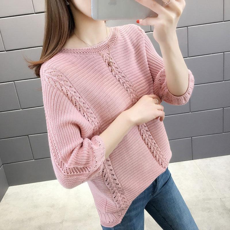 Summer Simple Hollow Knitted Sweater Women's Pullover Loose Temperament Elegant Seven-quarter Sleeve Crew Neck Top Women