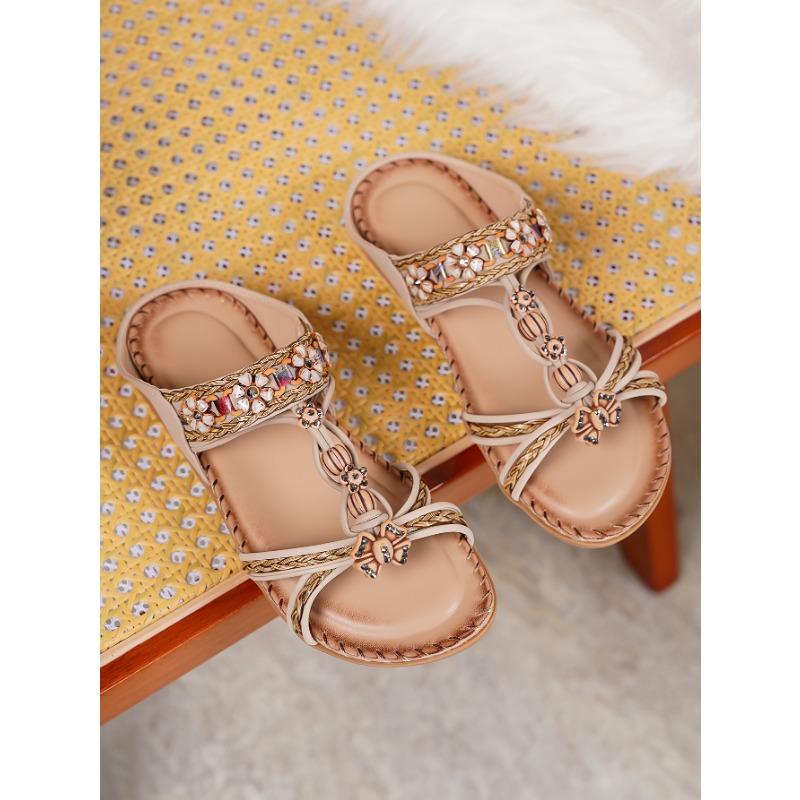 New Large Size Rhinestone Casual Versatile Comfortable Flower Flat Sandals Women