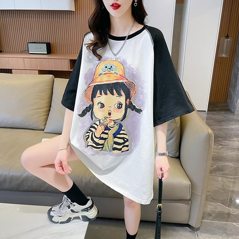 

European Plus Size Contrast Color Raglan Sleeve Cartoon T-Shirt X-Large