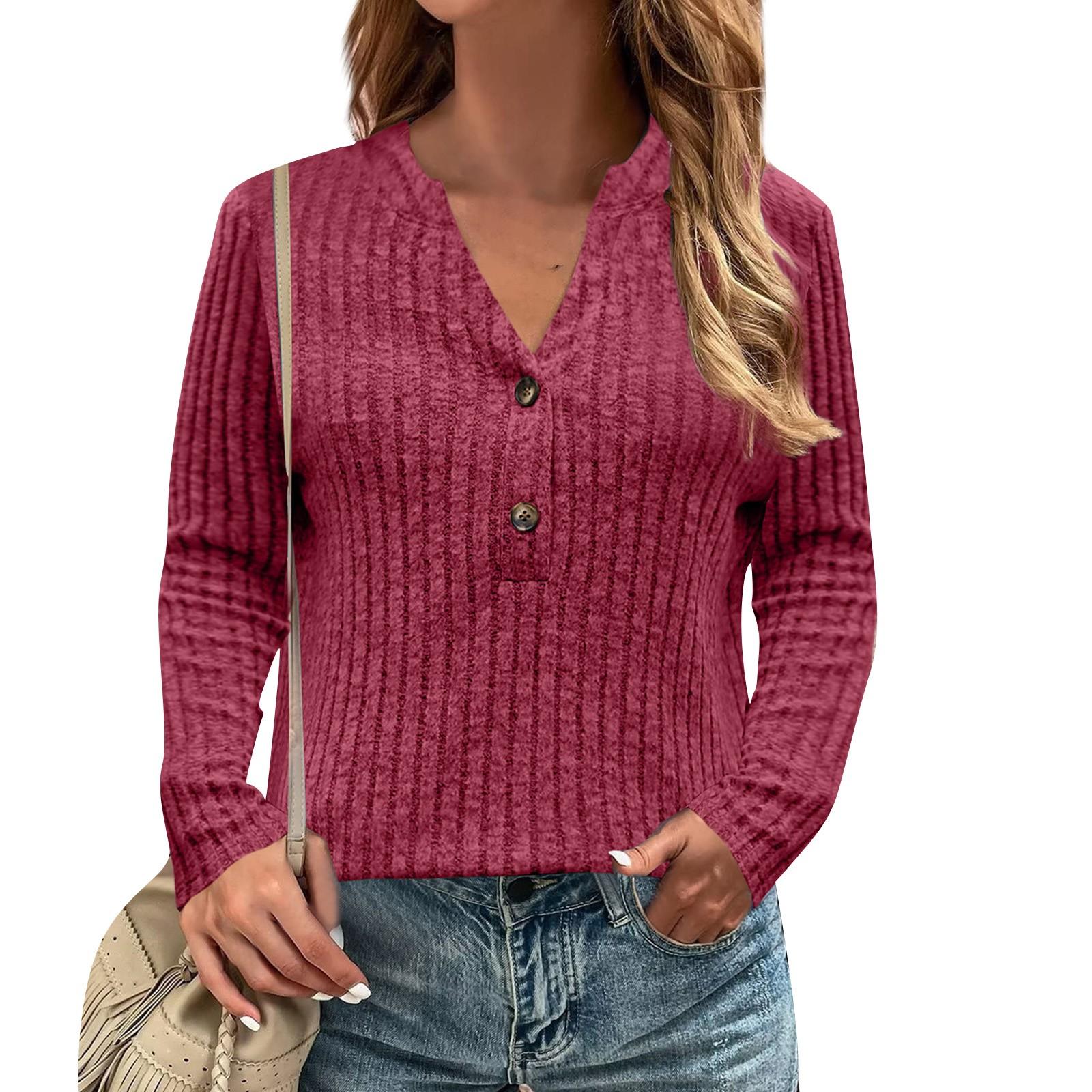 

Женский повседневный однотонный топ с V-образным вырезом и длинными рукавами на пуговицах на груди S красный