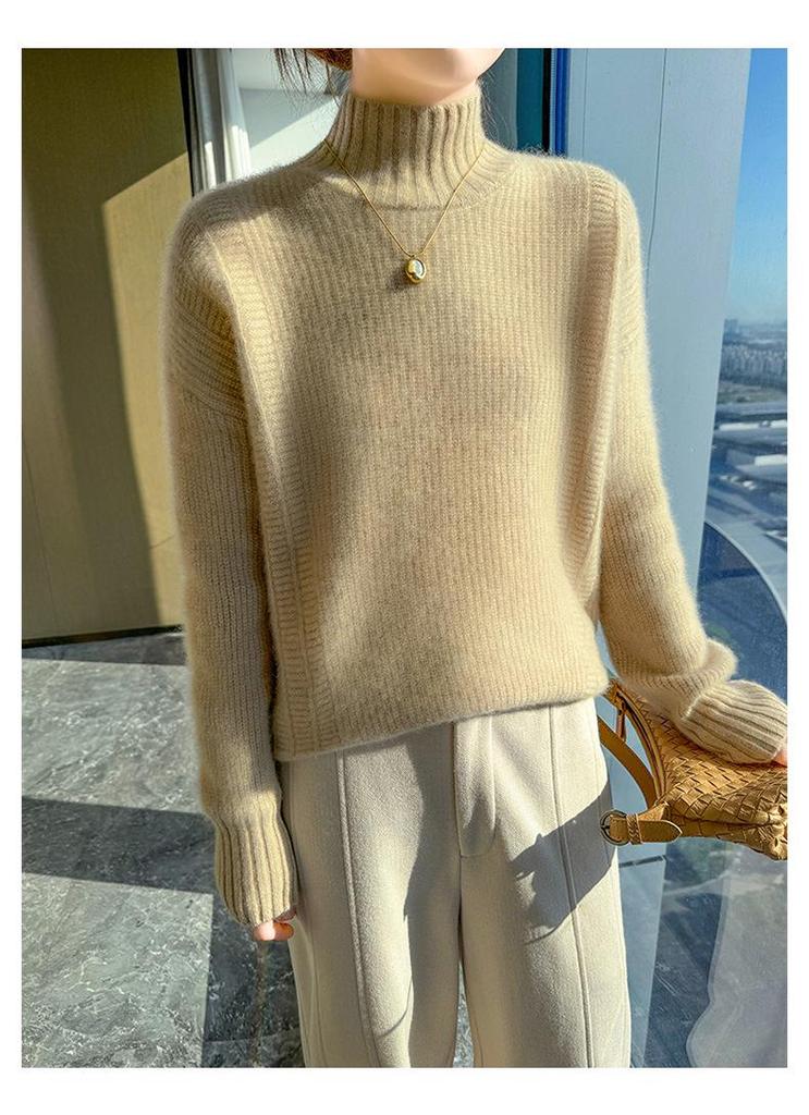 Solid Color Wool Thick Knit Sweater - 2024 Autumn/Winter Collection, Warm and Loose with Half-High Round Neck