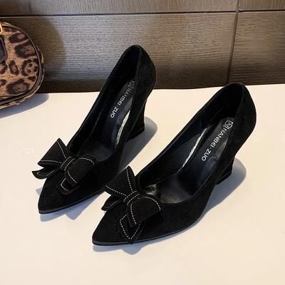 Damen Schuhe mit Keilabsatz Herbst Neu Spitzschuh Flacher Ausschnitt Schmetterlingsknoten Rutschfest Verschleißfest Hohe Absätze