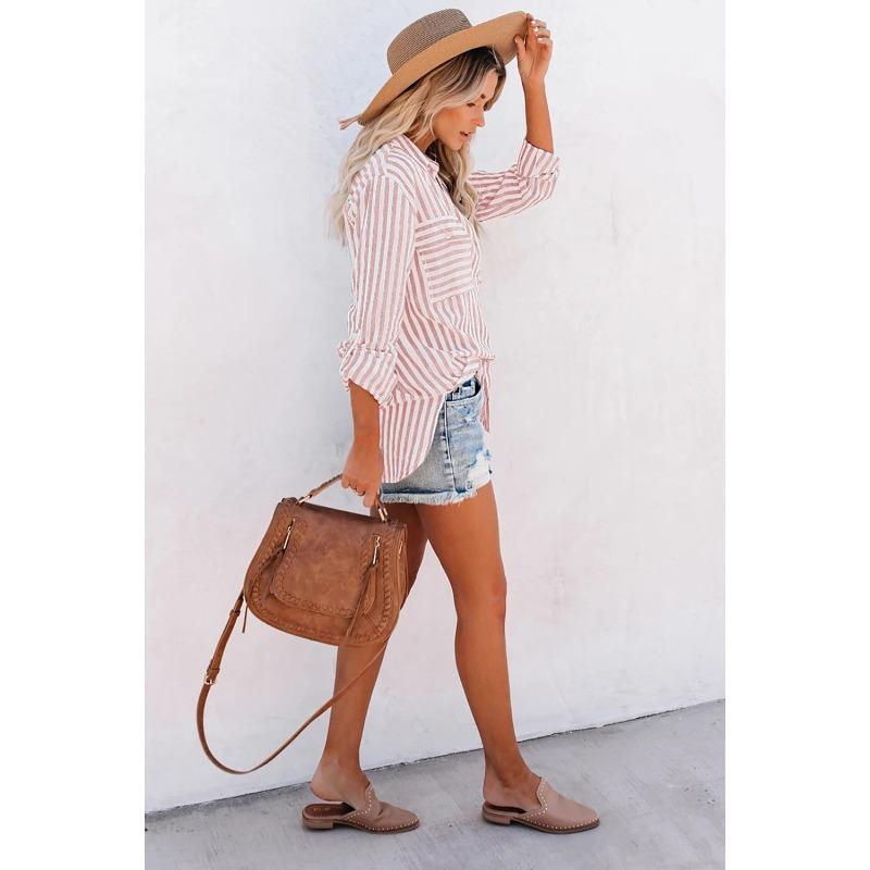 Women Striped Button Down Shirt Casual Loose Pocket Blouse Long Sleeve Top