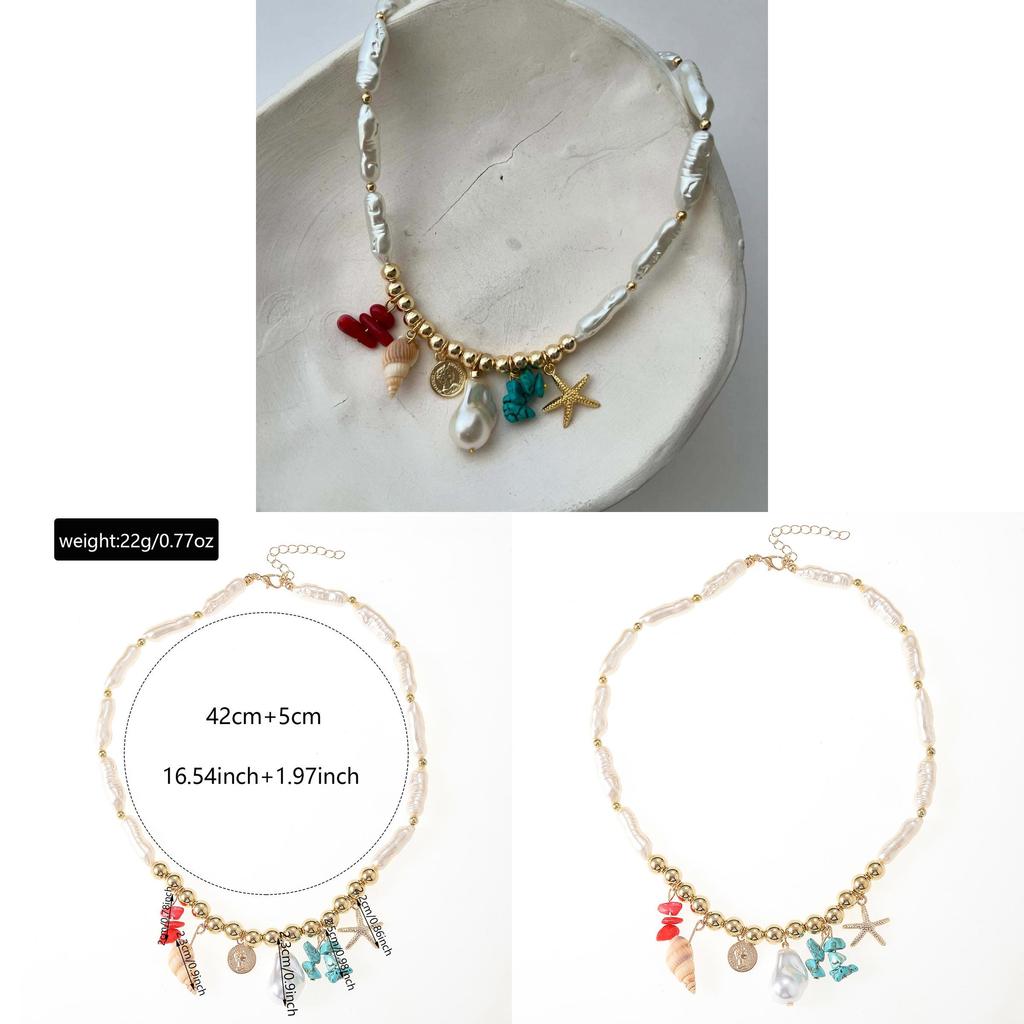 Bohemian Style Colorful Pebble Starfish Necklace With Irregular Pearl Bead Chain For Women
