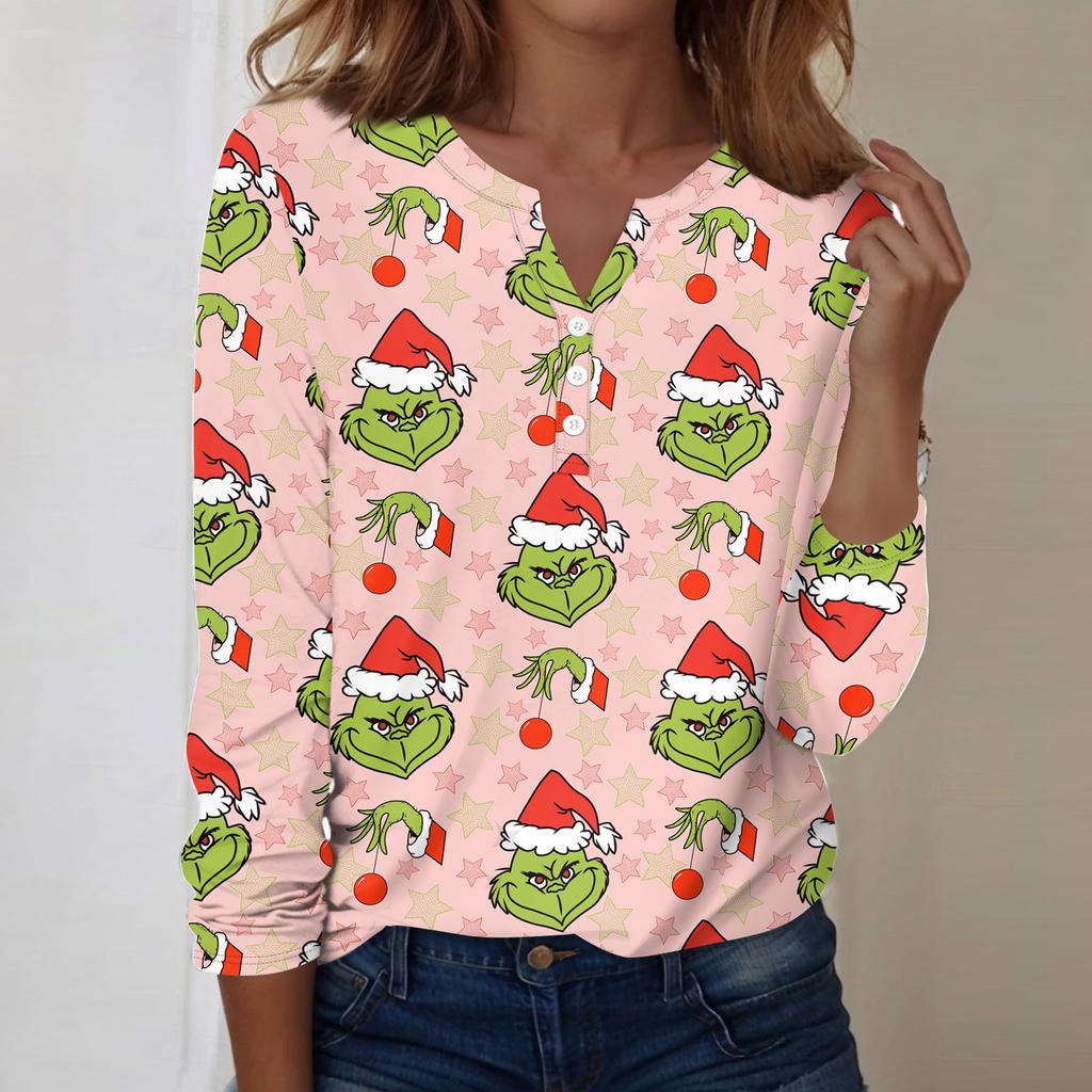 Women's Fashion Casual V-Neck Long Sleeve Decorative Button Christmas Print Top