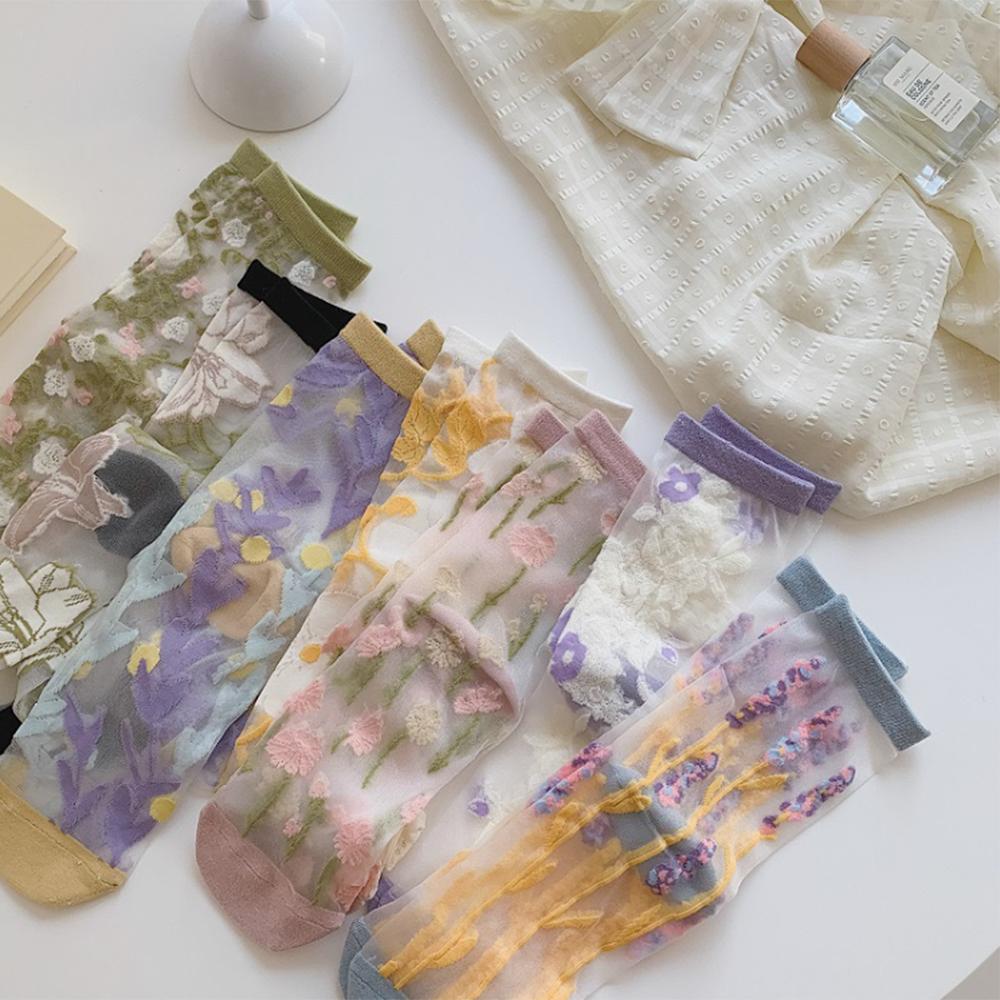 1 Pair Women's France Floral Ultra-Thin Transparent Crystal Silk Socks New Sweet Cute Japanese Summer Mid-Tube Elastic Socks