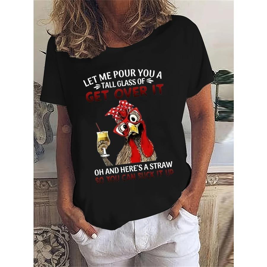 Cartoon Chicken Print T-Shirt, Casual Short Sleeve Top For Spring & Summer, Women's Clothing