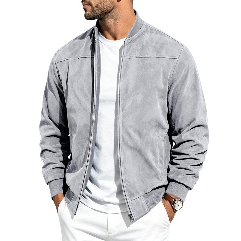 Men's Suede Color Block Zip Up Stand Collar Jacket Casual Coat.