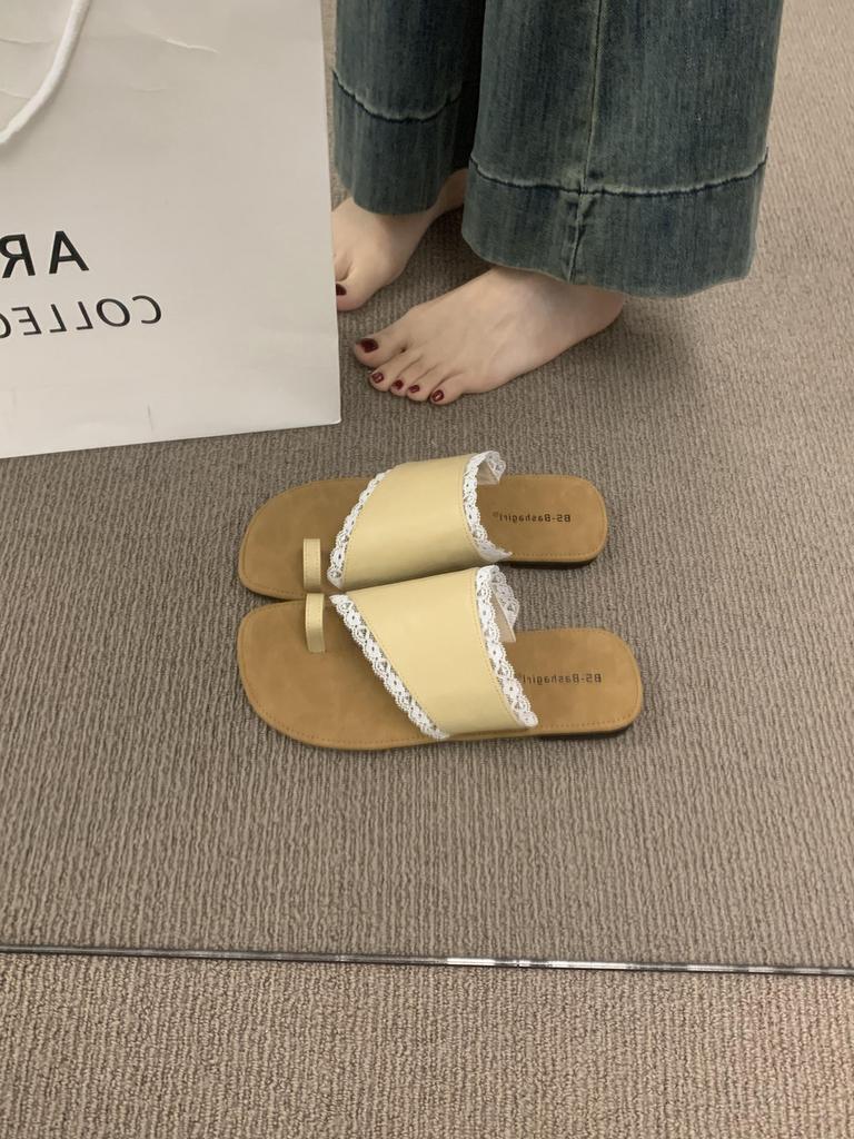 French beautiful lace edge toe slippers female summer wear bohemian fairy wind beach sandals