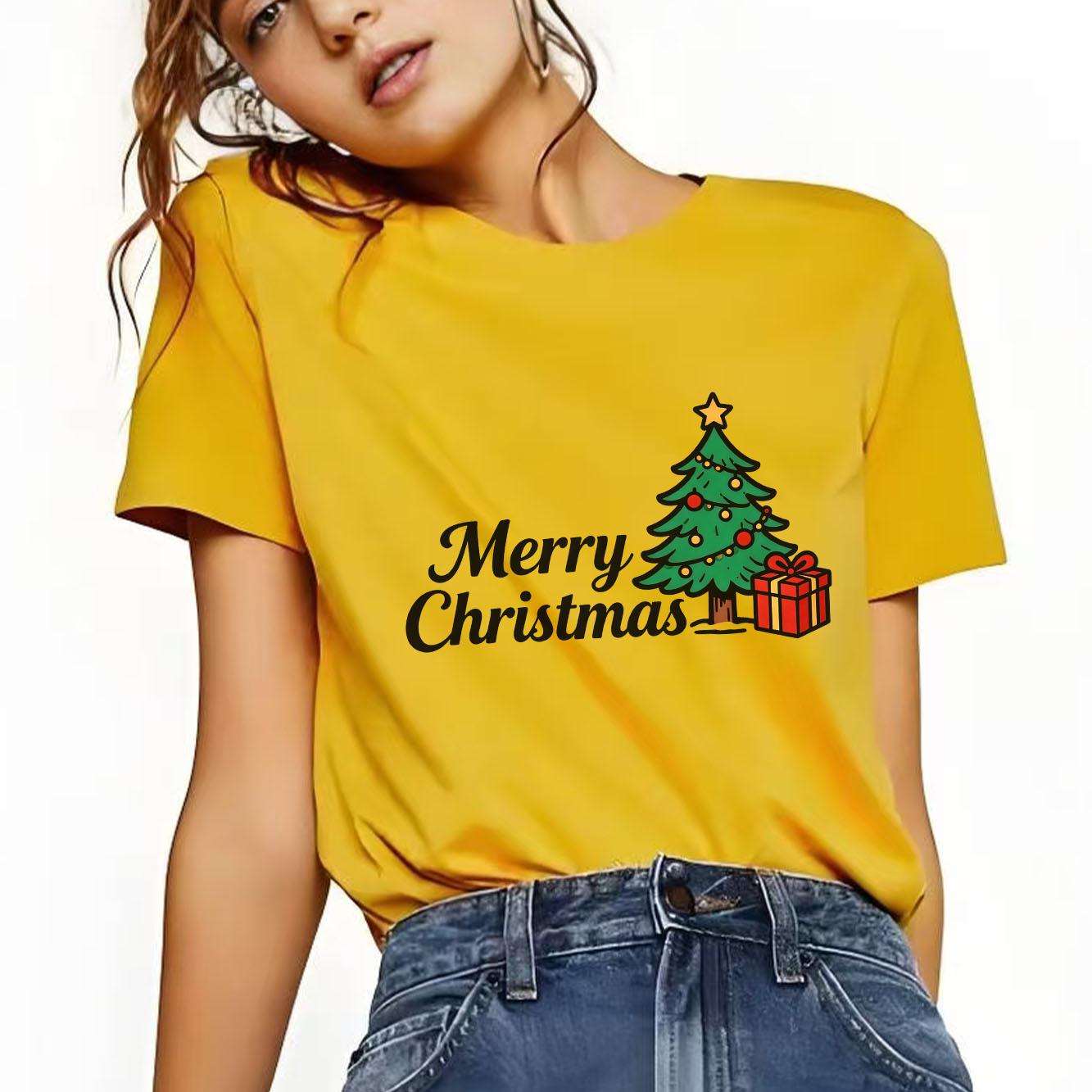 Fashionable Christmas Happy Christmas Tree Printed Tshirt Short Sleeve Round Neck Versatile Womens Tshirt S