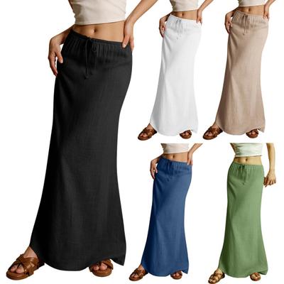 Women Maxi Skirt Mid-rise A-Line Drawstring Solid Color Long Skirt Easy To Match Lady Skirt Work Leisure Daily Wear