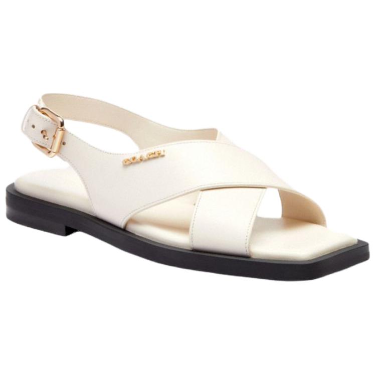 Coach Link Leather Cross Strap Square Toe Buckle Slide Sandals Women Sandals White CAP62-CHK