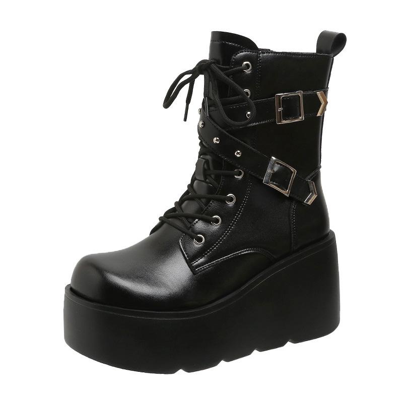 

Новые европейские и американские ботинки в стиле панк большого размера на платформе, ботильоны на танкетке, рыцарские ботинки женские 40 чёрный