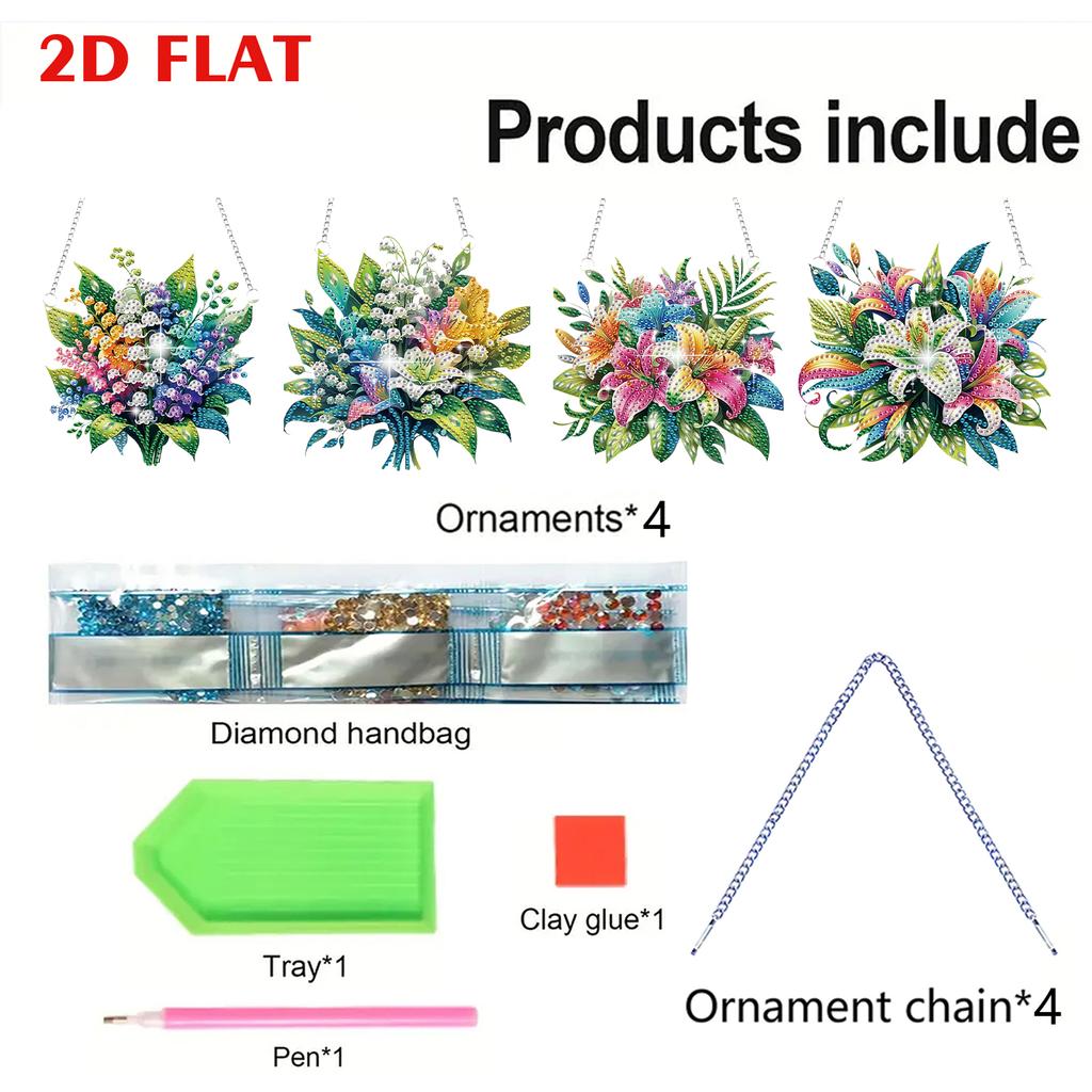 4pcs Flower Animal DIY 2D Flat Diamond Painting Kits Hanging Diamond Art Kits Diamond Art Pendant for Home Decoration and Gift