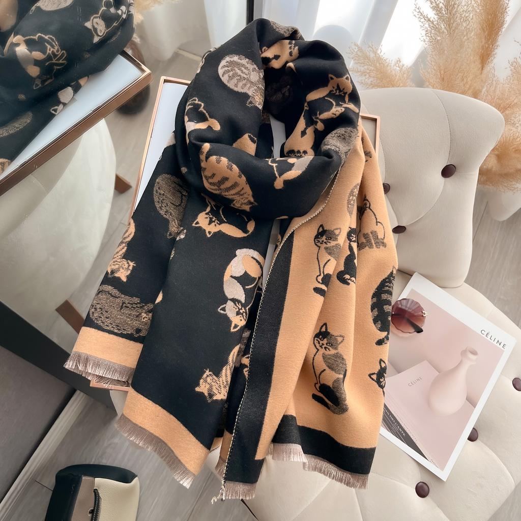 Luxury Winter Kitty Two-Sided Cashmere Jacquard Scarves High Quality Women Thicken Wrap Shawl Ladies Wool Pashmina Scarf