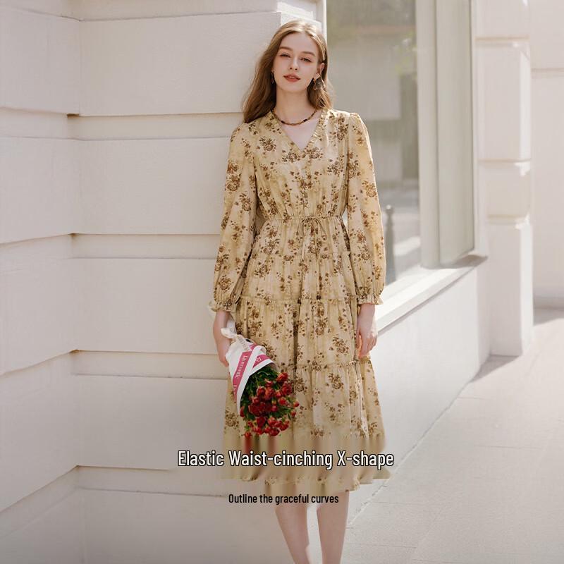 Xiangying French V-Neck Floral Puff Sleeve Dress