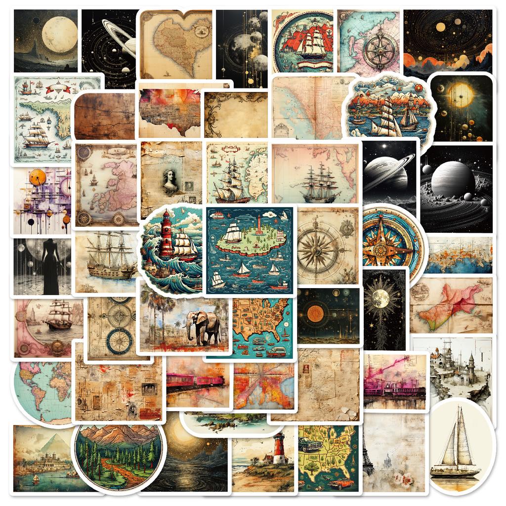50PCS Artistic Retro Poster Style Map Stickers, Vintage Country Map Decals for Phone, Laptop & DIY Decoration