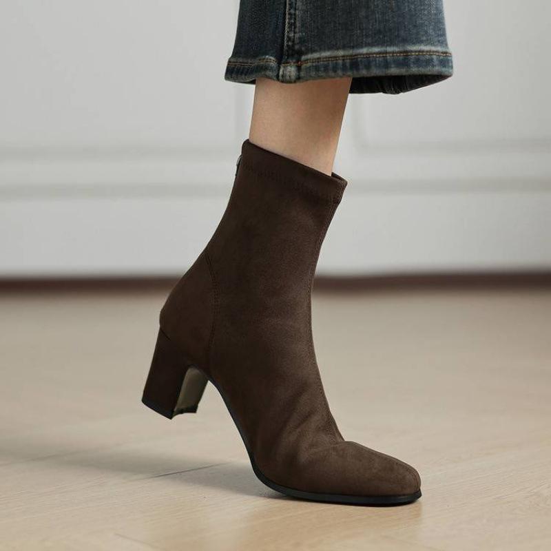 New elastic suede large size women's boots solid color high heel medium boots women's rear zipper beef tendon soft bottom Korean version fashion boots