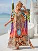 EDOLYNSA Různobarevné Kaftan Bohemian Potištěné Maxi šaty Batwing Sleeve Sleeve Sleeve Women Dámské plážové oblečení Polorukáv Maxi šaty Robe Q1342