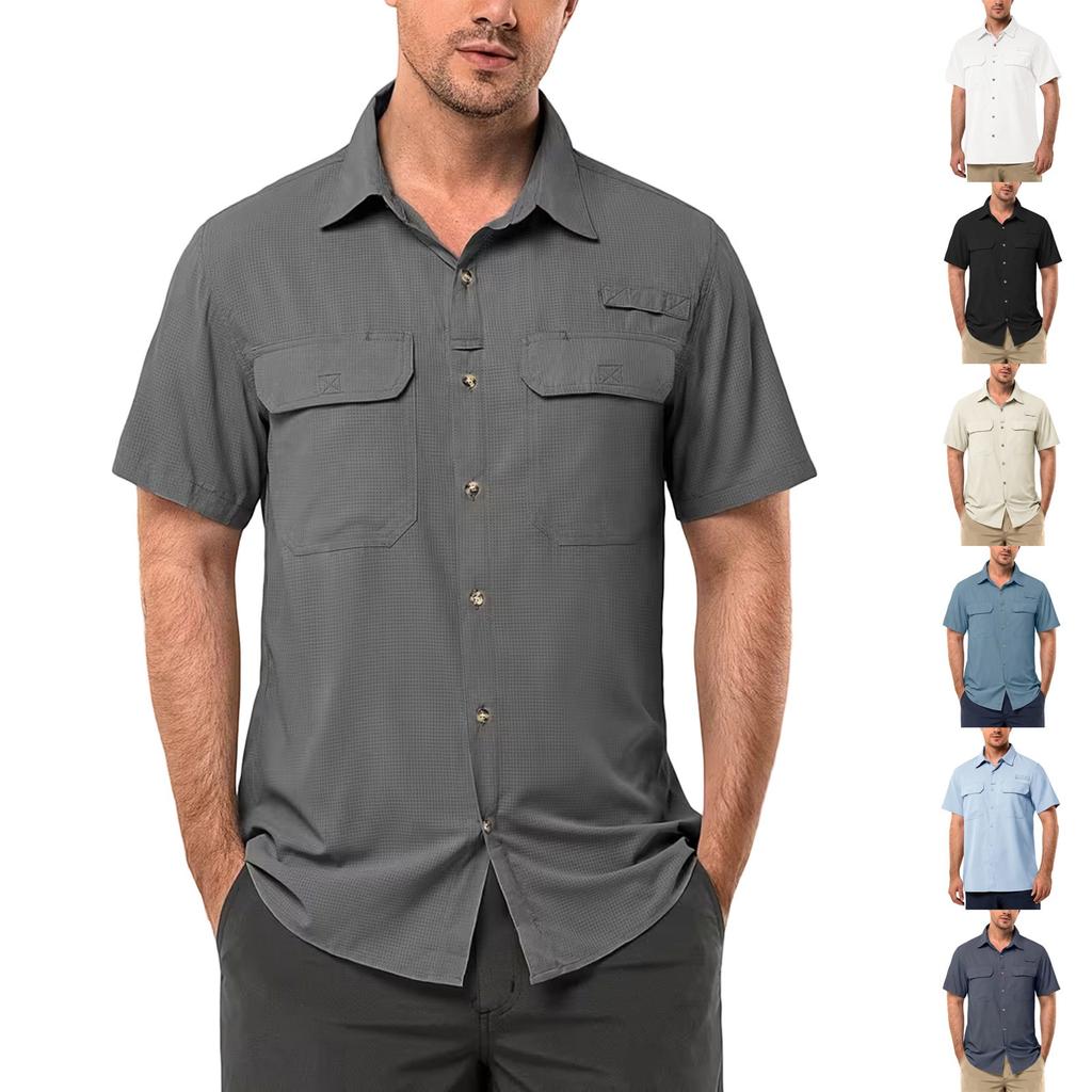 Men's Color Casual Loose Button-Down Collar Short-Sleeved Work Shirt